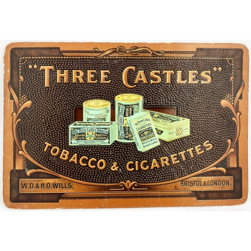 320 - THREE CASTLES TOBACCO & CIGARETTES SHOWCARD. 15.3 x 10.3ins, thick card, 3D effect. Superb image of ... 