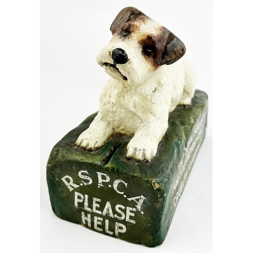 322 - RSPCA DOG FIGURAL DONATIONS BOX. 6.8ins tall, base 4.1 x 8.5ins. Papier mache form, naturalistically... 