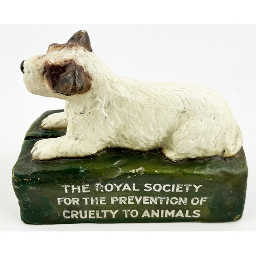 322 - RSPCA DOG FIGURAL DONATIONS BOX. 6.8ins tall, base 4.1 x 8.5ins. Papier mache form, naturalistically... 