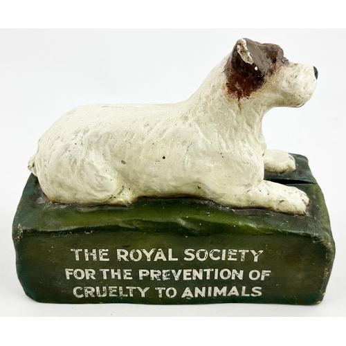 322 - RSPCA DOG FIGURAL DONATIONS BOX. 6.8ins tall, base 4.1 x 8.5ins. Papier mache form, naturalistically... 