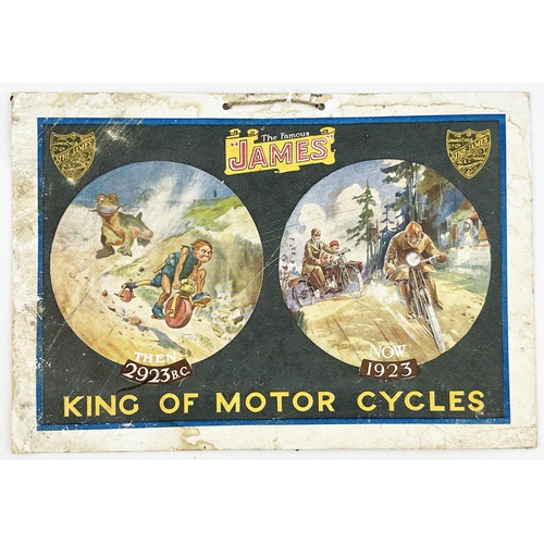 325 - JAMES MOTOR CYCLES HANGING SHOWCARD. 10.7 x 7.7ins. Multi coloured card sign for The Famous JAMES wi... 