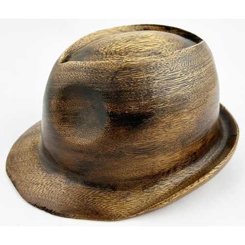 327 - WOODEN SHOP WINDOW TRILBY DISPLAY PIECE. Base 9.5 x 7.6ins. Realistic carved trilby, with even more ... 