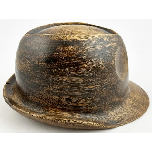 327 - WOODEN SHOP WINDOW TRILBY DISPLAY PIECE. Base 9.5 x 7.6ins. Realistic carved trilby, with even more ... 