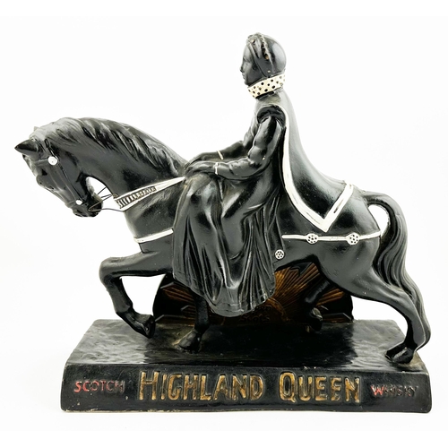 357 - SCOTCH HIGHLAND QUEEN ADVERTISING STATUETTE. 12.5ins tall. Rubberoid painted figure of female rider ... 