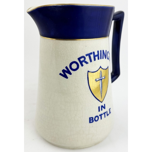 336 - WORTHINGTON IN BOTTLE PUB JUG. 6.5ins tall. Printed both sides. Gold bands & shield intact. Blue top... 