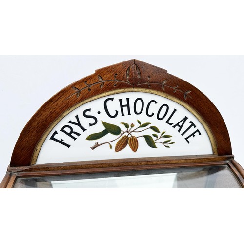 366 - FRYS SMALL SIZE CHOCOLATE CABINET. H 18.75 x W 8.5 x L 14ins. Curved glass fronted cabinet with curv... 