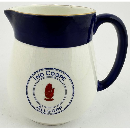 230 - ALLSOPP IND COOPE PUB JUG. 4.5ins tall. Double sided transfer, side handle, blue top & handle, famil... 