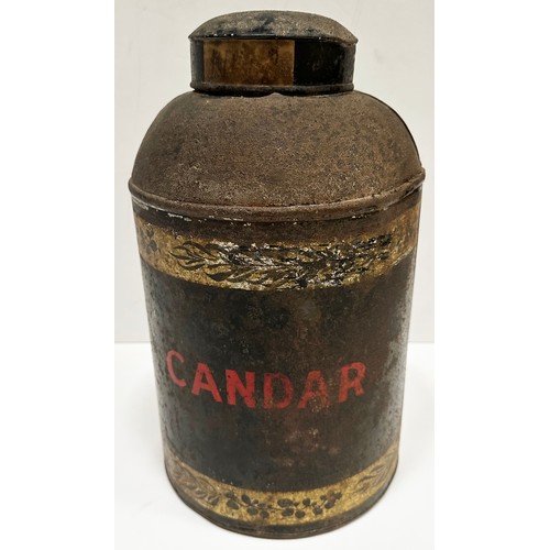 345 - SHOP DISPENSER CANDAR TEA/ COFFEE TIN. 13.5ins tall. Well worn with lid & lettering in red to body.