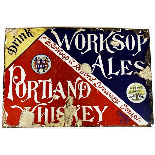 352 - WORKSOP BREWERY ENAMEL SIGN. 22 x 15ins. Multicoloured, heavily restored & rusting but a very rare r... 