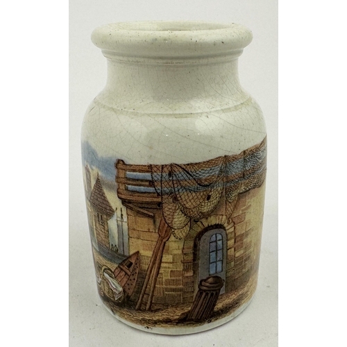 4 - PRATTWARE JAR - CONTINENTAL FISH MARKET. (KM504 p180) 3.7ins tall. Good strong colours, well struck.... 