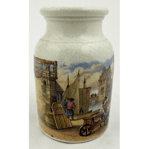 4 - PRATTWARE JAR - CONTINENTAL FISH MARKET. (KM504 p180) 3.7ins tall. Good strong colours, well struck.... 