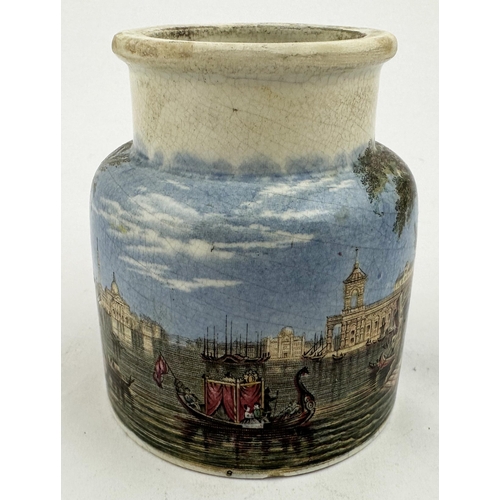 5 - PRATTWARE JAR VENICE. (KM517 p185) 3.4ins tall. Man with back to gondola version.. Good strong & cri... 