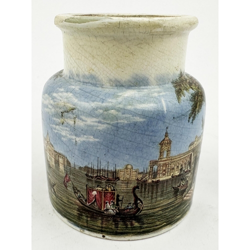 5 - PRATTWARE JAR VENICE. (KM517 p185) 3.4ins tall. Man with back to gondola version.. Good strong & cri... 