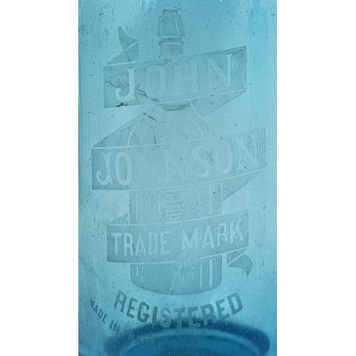 11 - JOHN JOHNSON (LEEDS) SODA SYPHON. 12ins tall to trigger top. Light blue glass, footed base. Etched J... 