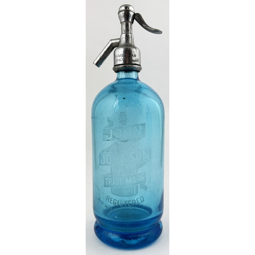 11 - JOHN JOHNSON (LEEDS) SODA SYPHON. 12ins tall to trigger top. Light blue glass, footed base. Etched J... 