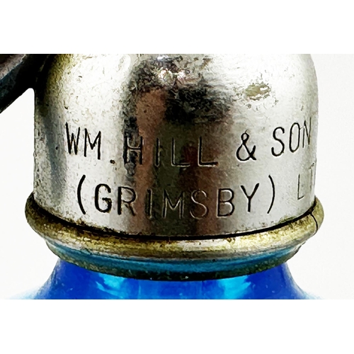 12 - GRIMSBY SODA SYPHON. 11.4ins tall. Blue glass, footed base. Etched WM HILL & SON/ POPLAR WORKS.. etc... 