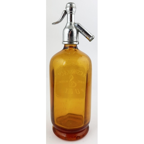 9 - PUDSEY SODA SYPHON. 11.5ins tall to top of trigger. Orange brown glass, footed base. Etched W C SIMP... 