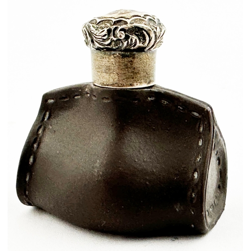 36 - MINIATURE DOULTON LEATHER LOOK SILVER TOPPED PERFUME. 1.9ins tall, matt black, stoneware, silver mar... 