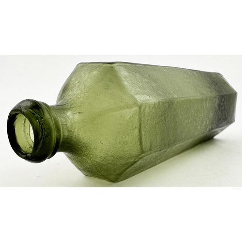 43 - EARLY UTILITY BOTTLE. 6.6ins tall. Delightful cross hinge moulded English olive green glass octagona... 