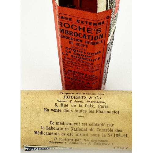 46 - ROCHES EMBROCATION FULL & LABELLED BOTTLE WITH ORIGINAL WRAPPINGS. Bottle is 4.9ins tall, aqua glass... 