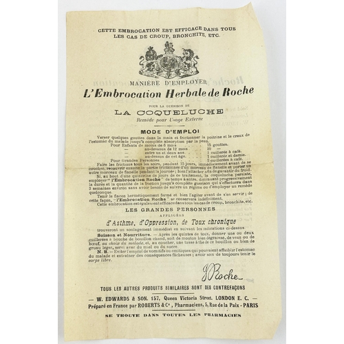 46 - ROCHES EMBROCATION FULL & LABELLED BOTTLE WITH ORIGINAL WRAPPINGS. Bottle is 4.9ins tall, aqua glass... 