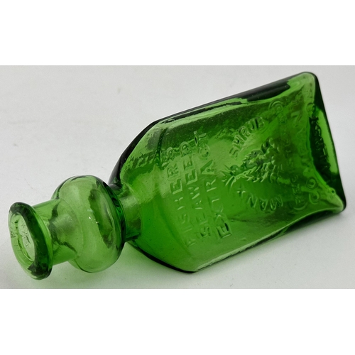 47 - FISHERS SEAWEED EXTRACT BOTTLE. Approx. 5.1ins tall. Bright green glass, triangular body shape, bulb... 