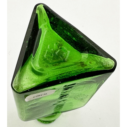 47 - FISHERS SEAWEED EXTRACT BOTTLE. Approx. 5.1ins tall. Bright green glass, triangular body shape, bulb... 