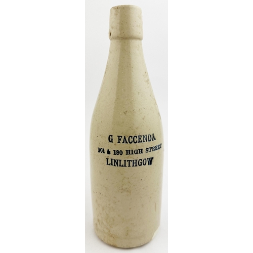 136 - G FACCENDA LINLITHGOW GINGER BEER BOTTLE. 8.7ins tall, ch., all white, square swing closure type lip... 