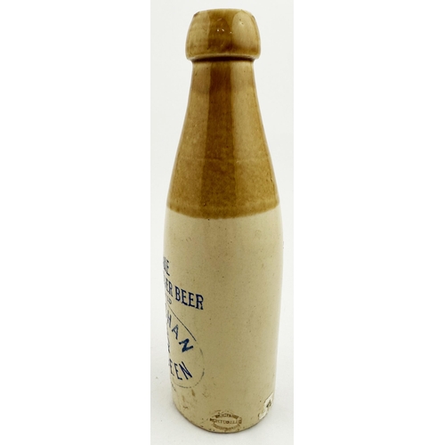 137 - STRACHAN ABERDEEN GINGER BEER. 8.8ins tall, ch., t.t., cork blob lip. Blue transfer - note this is t... 