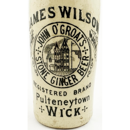 141 - JAMES WILSON WICK GINGER BEER BOTTLE. 8.8ins tall, ch., t.t., cork blob top (inside 2 lines/ flaws?)... 