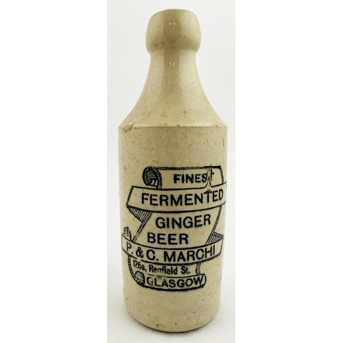 142 - P & C MARCH GLASGOW GINGER BEER BOTTLE. 7.8ins tall, std., all white, screw blob lip. All words with... 