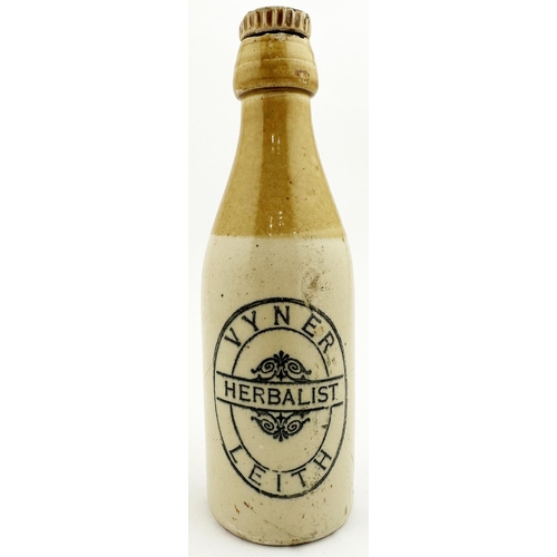 145 - VYNER LEITH GINGER BEER BOTTLE. 8.5ins tall, ch., t.t., screw blob top (inner chips) plus pottery st... 