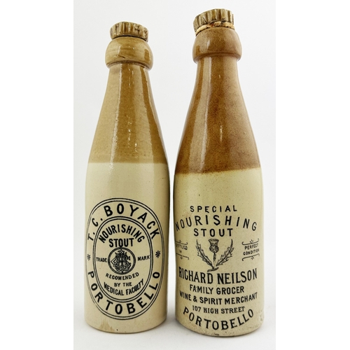 146 - PORTOBELLO GINGER BEER BOTTLE DUO. 9 & 9.5ins tall, ch., t.t., screw blob lip, with ceramic screw st... 