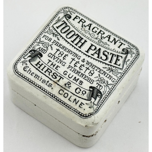 66 - LANCASHIRE TOOTH PASTE POT LID & BASE. 2.4ins diam. Square lid & base HIRST & CO Chemists COLNE. Out... 