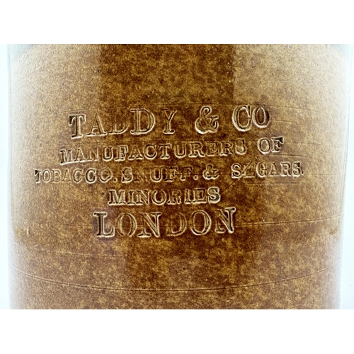 102 - TADDY & CO LONDON SNUFF JAR. 9.5ins tall. T.t. (dark brown top, lower mid, variating, brown) shop di... 