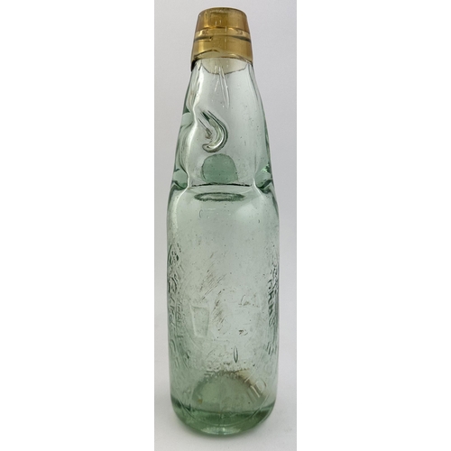 148 - TRENTHAM & SON GREAT BRIDGE COLOURED LIP STANDARD CODD BOTTLE. 8.8ins tall, aqua glass, light yellow... 