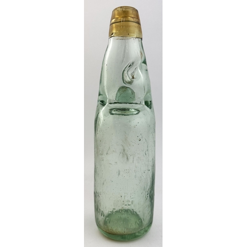 148 - TRENTHAM & SON GREAT BRIDGE COLOURED LIP STANDARD CODD BOTTLE. 8.8ins tall, aqua glass, light yellow... 