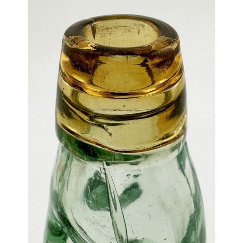 148 - TRENTHAM & SON GREAT BRIDGE COLOURED LIP STANDARD CODD BOTTLE. 8.8ins tall, aqua glass, light yellow... 