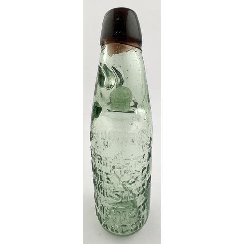 149 - BATEY & CO COLOURED LIP CODD BOTTLE. 7.3ins tall, aqua glass, deep red lip (crude top, creases/ inde... 