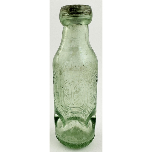 152 - HUDDERSFIELD SYKES MACVAY MINERAL WATER PATENT BOTTLE. 6.7ins tall (6oz capacity), aqua glass, metal... 