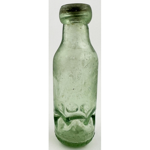 152 - HUDDERSFIELD SYKES MACVAY MINERAL WATER PATENT BOTTLE. 6.7ins tall (6oz capacity), aqua glass, metal... 