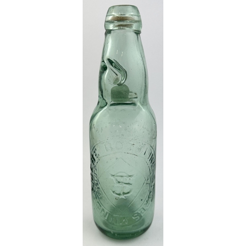 153 - WINDERMERE BOTTLING STORES NARROW NECK CODD BOTTLE. 8.6ins tall, aqua glass, original rubber washer ... 