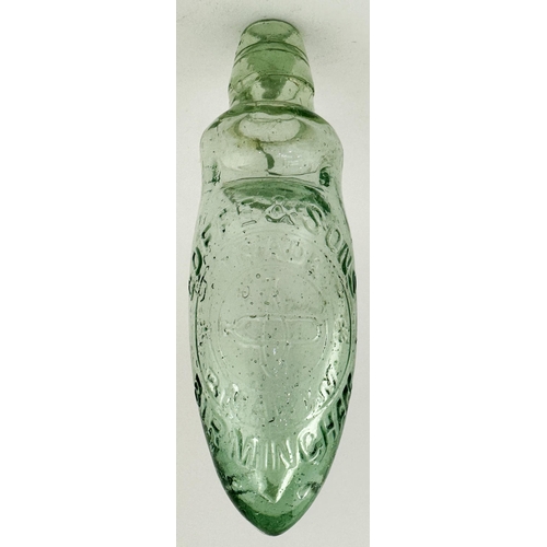 156 - GOFFE & SONS BIRMINGHAM BULB NECK CODD HAMILTON HYBRID BOTTLE. 7.2ins long, aqua glass. Heavily embo... 