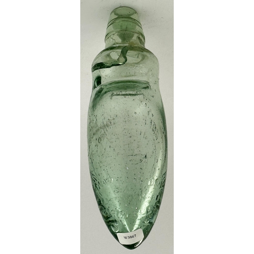 156 - GOFFE & SONS BIRMINGHAM BULB NECK CODD HAMILTON HYBRID BOTTLE. 7.2ins long, aqua glass. Heavily embo... 