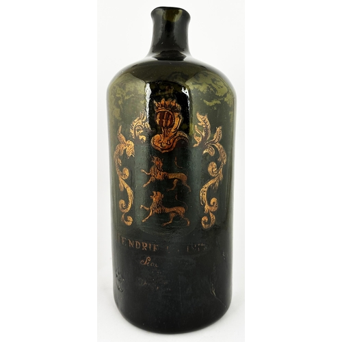 199 - EARLY DUTCH SHOP DISPLAY PAINTED BOTTLE. 15.7ins tall, dark green/ black glass, tooled lip, rough ba... 