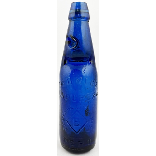 200 - BLUE PERU CODD BOTTLE. 9.2ins tall, a superb bright cobalt blue 10oz standard codd bottle. Front emb... 