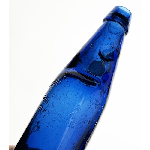 200 - BLUE PERU CODD BOTTLE. 9.2ins tall, a superb bright cobalt blue 10oz standard codd bottle. Front emb... 