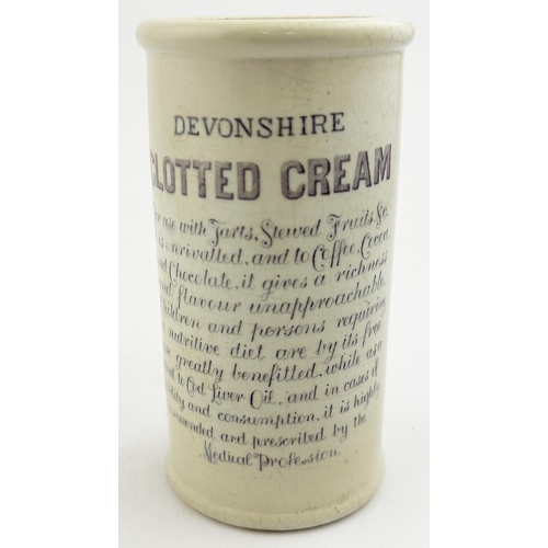 33 - DEVONSHIRE CYLINDER CREAM POT. 5ins tall. Strong deep purple sided transfer. DEVONSHIRE CREAM/ PREPA... 