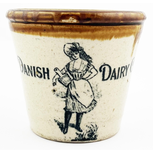 302 - DANISH DAIRY BUTTER CROCK. 5ins tall. Pict of maid to front, rear handle. Impressed 2lb, Port Dundas... 