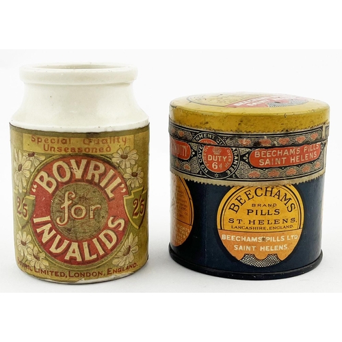 308 - LABELLED DUO. Tallest 3.25ins. Pottery Bovril jar & Beechams Pills tin with lid. Damages. (2)